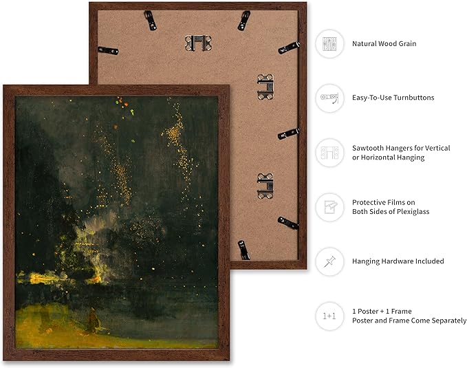 Poster Master Vintage Nocturne in Black and Gold Painting Poster - Retro The Falling Rocket Print - Abstract Art - Moody Art - Landscape Art - Office or Living Room Decor, 11x14 Brown Framed