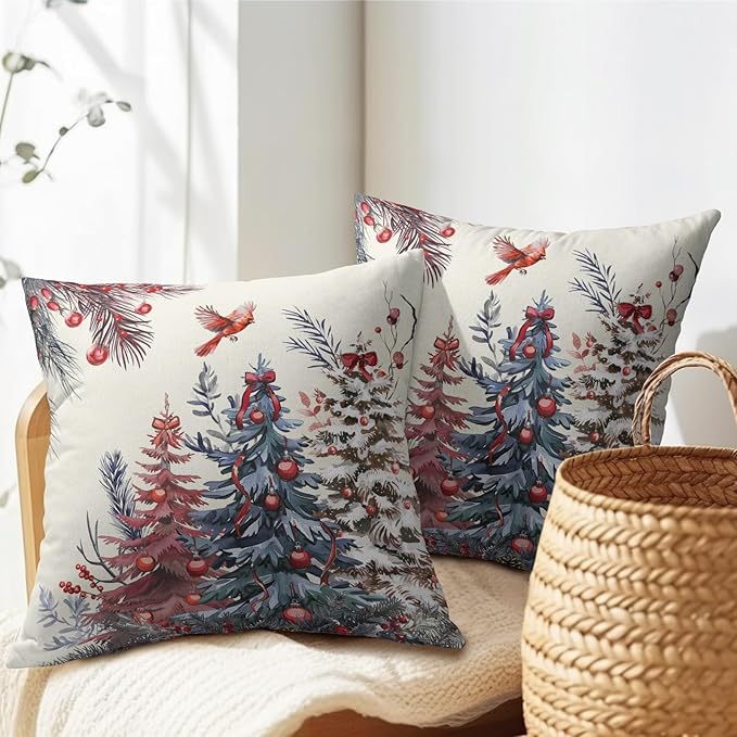 Kawani Christmas Pillow Covers 16x16 Inch Red Christmas Trees Decorative Throw Pillow Covers Set of 2 Winter Xmas Holiday Pillowcases Cushion Covers for Couch Indoor Outdoor Home Decor