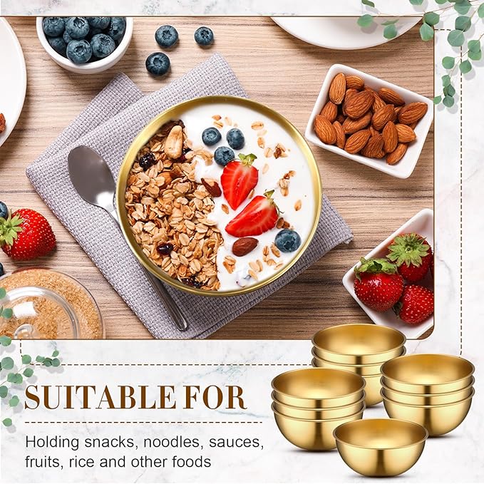 Nuogo 10 Pcs Stainless Steel Mixing Bowls Decorative Esthetician Bowls for Wedding Party Baking Prepping Serving Facial Food Salad Fruit Snack Soup Cereal(4.7 Inch,Gold)