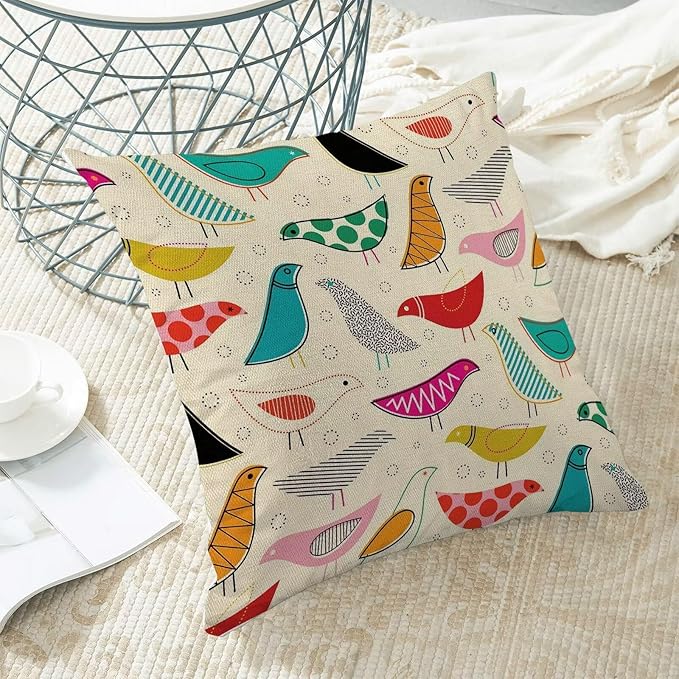 BETGINY Boho Pillow Covers 16 x 16 Inch Pack of 2, Mid Century Colorful Geometric Bird Decorative Throw Pillow Cases Outdoor Linen Farmhouse Modern Cushion Cover for Bedroom Home Sofa Decor