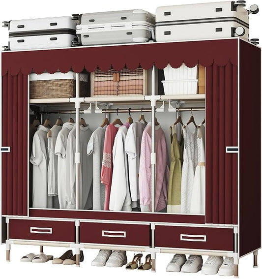 Portable Wardrobe Closet Durable and Easy to Assemble Heavy Duty Clothes Rack with Non-Woven Cover Fabric Best for Bedroom and Easy Storage and Organization (Red-A)