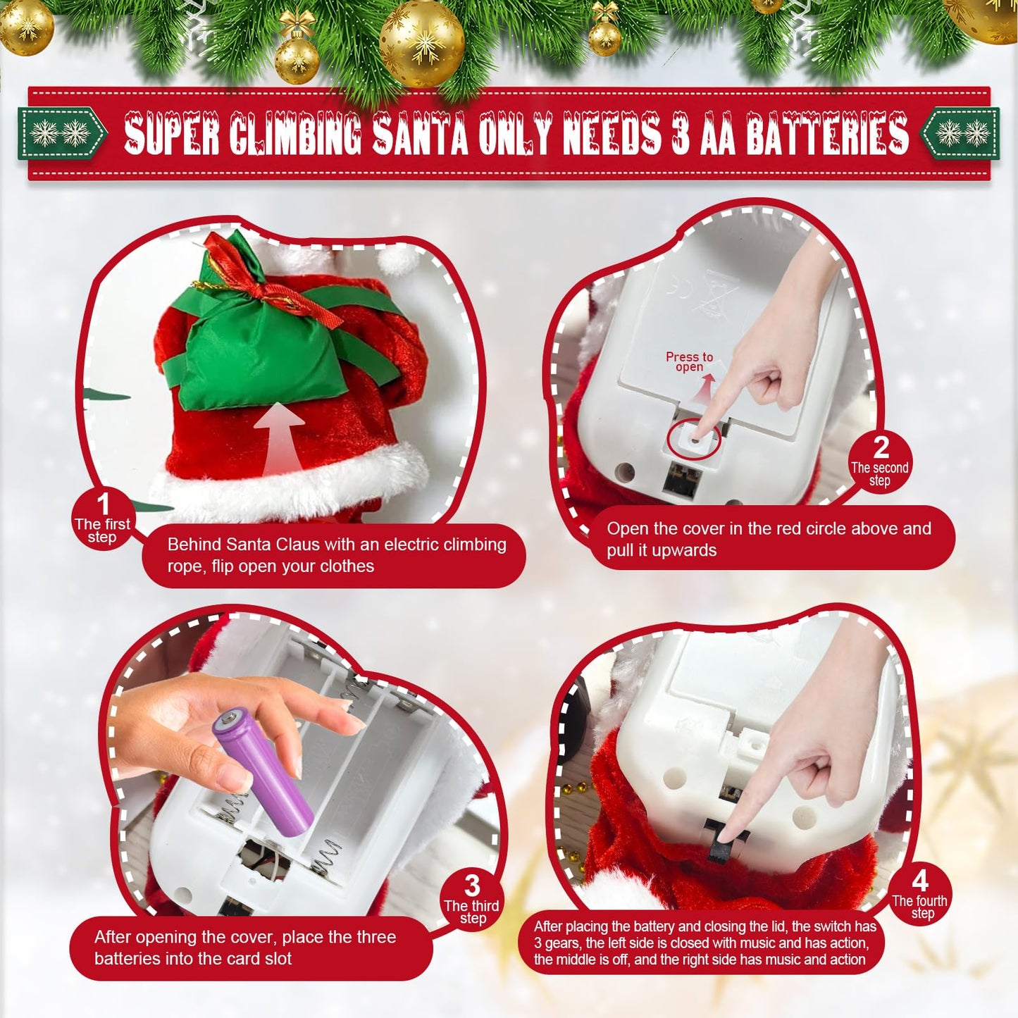 Gfilay 2025 Upgraded Climbing Santa with Music, Animated Electric Santa Claus on Rope, Musical Christmas Tree Ornament, Battery Operated Holiday Decoration Gift