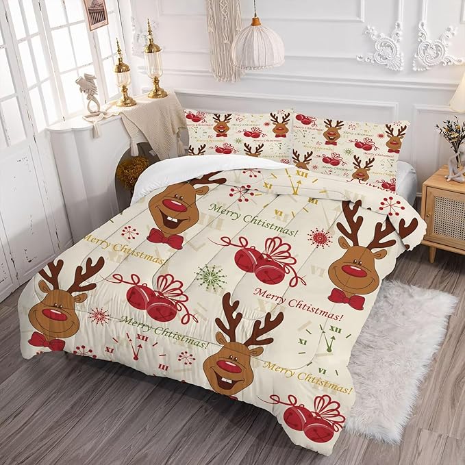 Christmas Comforter Set King Size for Boys Girls, Cartoon Merry Christmas Reindeer Print Bedding Set, Christmas Decorations Cute Beige Xmas Bed Set with 1 Comforter and 2 Pillowcases