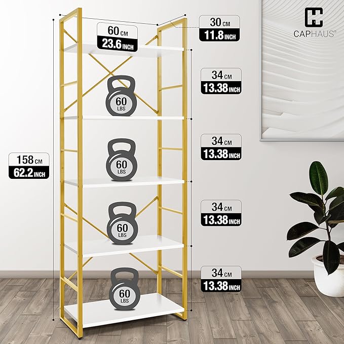 CAPHAUS 5 Tier Bookshelf, 24 Inch Width Free Standing Shelf, Bookcase Shelf Storage Organizer, Industrial Book Shelves for Home Office, Living Room, Kitchen, White Wooden Shelves & Gold Frame