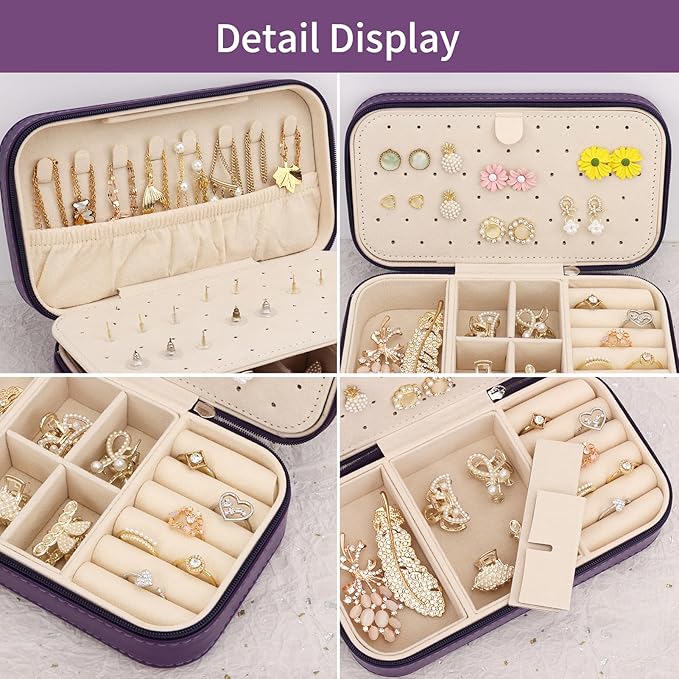DesignSter Travel Jewelry Box, PU Leather Portable Jewelry Case, Small Jewelry Boxes for Gifts, Travel Jewelry Organizer for Women Rings Earrings Necklaces Bracelets (Dark Purple)