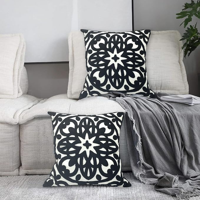 Alysheer Embroidered Decorative Throw Pillow Covers 18"x18" Set of 2 Pieces, Classic Boho Mandala Knit Pattern, Durable 100% Cotton Canvas Cozy Cushion Cases for Sofa Couch Living Room (Black)