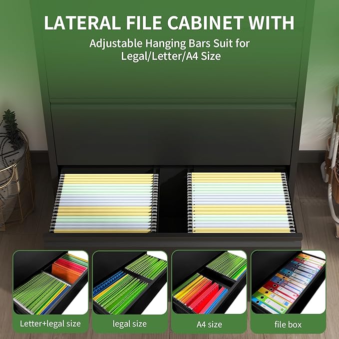 Lateral File Cabinet with Lock,5 Drawer Metal Filing Cabinets, Home Office Storage Cabinet for Hanging Files Letter/Legal/F4/A4 (Black)