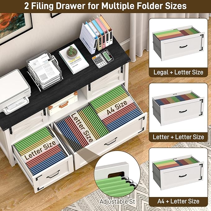 Lateral File Cabinets 2 Drawer with Sliding Barn Doors, Farmhouse Filing Cabinet with 2 Drawer for Home Office，Filing Organization Storage Cabinets for Hanging Files Letter/Legal/F4/A4.(Black.)