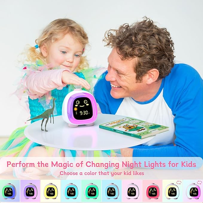 Cute Kids Clock, Night Light for Kids with Snooze Mode Sleep Timer Dual Alarm Sleep Training 3 Brightness 10 Color Night Light Adjustable Volume Memory Battery, Ok to Wake Clock for Kids
