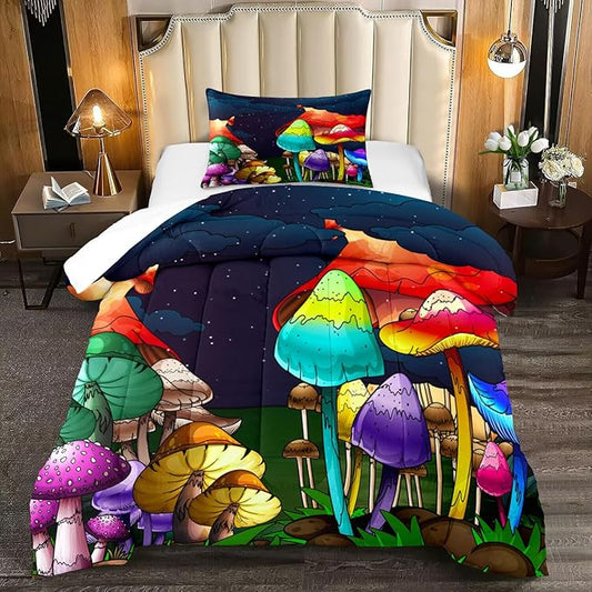 Mushroom Twin Comforter Set for Boys Cartoon Colorful Mushroom Bedding Set Night Sky Mushroom Comforter Set for Boys Bedroom All-Season Breathable Cute Mushroom Quilt with Pillowcase
