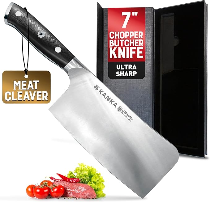 KANKA 7 inch Meat Cleaver Knife – Professional Knife for BBQ & Kitchen, Ergonomic Handle Stainless Steel Butcher for Meat, Fish & Bone Cutting - Heavy Duty Chef Chopper Razor Sharp & Rust-Resistant