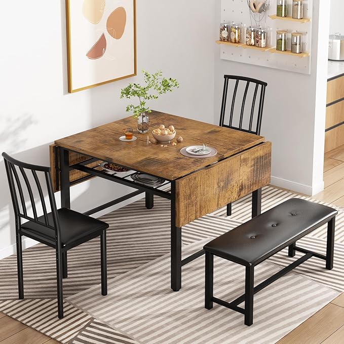 Lamerge 4-Piece Dining Table Set for 3-6 People, 63" Extendable Kitchen Table Set with 1 Bench and 2 Backrest Chairs, Faux Wood Table Square Dining Table Set with Drop Leaf for Small Space