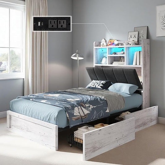 Twin Farmhouse Bed Frame with Bookcase Headboard and 4 Drawers, LED Storage Bed with Charging Station & Linen Upholstered, No Box Spring Needed, Distressed White