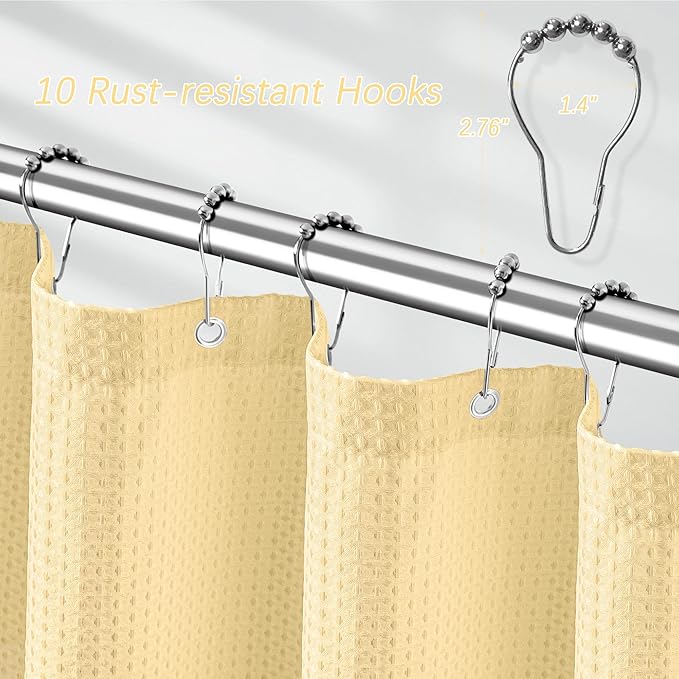 Neutral Fabric Shower Curtain for Bathroom Stall, 60 inche Waffle Weave Shower Curtain Beige, Machine Washable Waterproof 256GSM Heavy Duty Weighted with 10 Metal Hooks, 60Wx72H