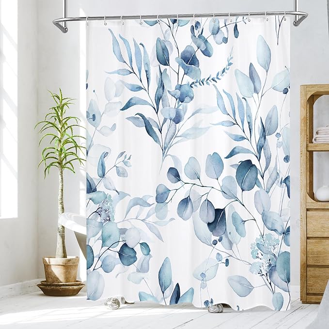 MitoVilla Blue Spring Floral Shower Curtain, Modern Plants Botanical Fabric Cloth Shower Curtains for Chic Elegant Bathroom Decor, Summer Watercolor Eucalyptus Leaf, 72x72