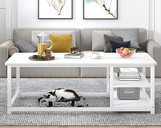 EXCEFUR White Coffee Table, Modern Rustic Wood Center Table with Storage for Living Room, Industrial Rectangle Cocktail Tea Table, 47 Inch