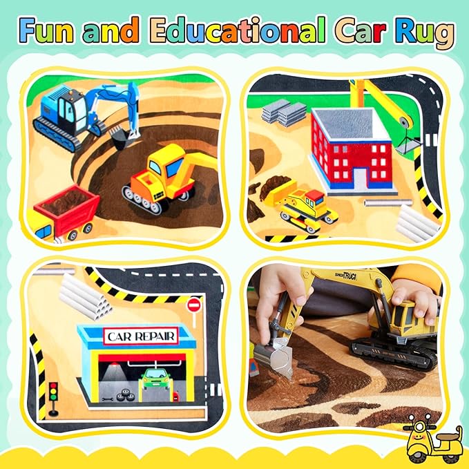 Kids 3x5 Ft Construction Site Play Rug, Baby Play Mat, Tufted Wool & Rubber, Non-Slip, Stain & Fade Resistant, Machine Washable, Rustic Cartoon Construction Site Pattern