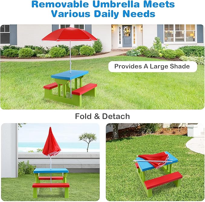 Costzon Kids Picnic Table, Indoor & Outdoor Plastic Table and Bench with Removable Umbrella, Portable Toddler Picnic Table and Chair Set for Garden, Backyard, Patio