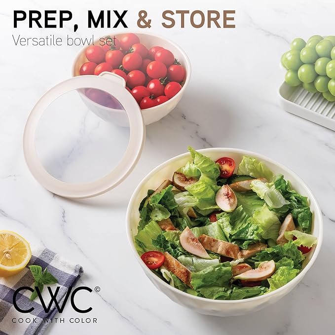 COOK WITH COLOR Mixing Bowls with Lids - 12 Piece Plastic Nesting Bowls Set includes 6 Prep Bowls and 6 Lids, Diamond Design - Microwave Safe