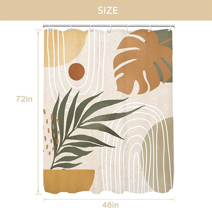 Glawry Beige Green Boho Shower Curtain Small Stall Abstract Mid Century Plant Tropical Palm Leaf Modern Minimalist Bathroom Geometric 48Wx72L Inches Bath Accessories Art Home Decor Fabric 8 Pack Hook