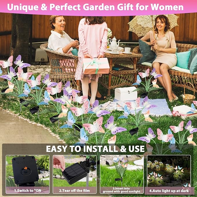 Solar Lights Outdoor Decorations Waterproof Newest Solar Garden Lights with Glowing Stems, 7-Color Changing Butterfly Flower Light for Outside Yard Pathway Garden Decor, Gift for Mother,2Pack