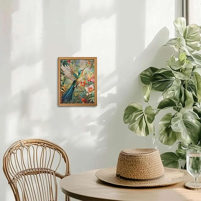 Framed Vintage 3D Textured Wall Art - Colorful Hummingbird Floral Wall Decor - Hand Painted Sandstone Nature Botanical Picture for Living Room Bedroom Home Decor 8x10 inch