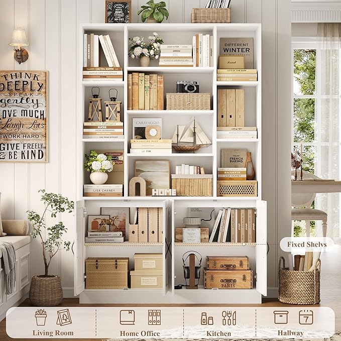 HOSTACK 75” Tall Book Shelf and Bookcase, White Bookshelf with Storage Cabinet, 47” Wide Bookcase with 4 doors, Standing Display Shelves, Modern Farmhouse Book Case for Living Room, Home Office, White
