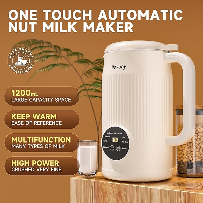 Nut Milk Maker Machine, Automatic Nut Milk Maker Almond Homemade Milk, Plant-Based Milk Almond Milk Maker, 40oz Soy Milk Maker Delay Start/Self Clean/Boil Water/Keep Warm (White)