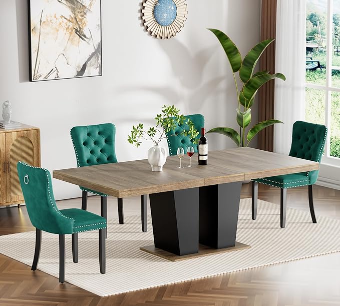 Goujxcy 5-Piece Extendable Dining Table Set for 4-8 People 63-78 Inch Kitchen Table Set with 4 Velvet Upholstered Chairs Farmhouse Rectangular Dining Room Table Set for Kitchen Dining Room Apartment