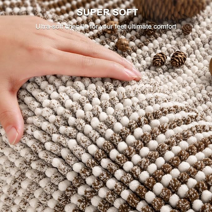 BSICPRO Bathroom Rugs and Mats Sets, 2 Piece Thick Absorbent Chenille Bath Mat Rug Set Non Slip, Soft Shaggy Bath Room Floor Mats for Bathroom, Machine Washable (Brown, 20" x 60" Plus 20" x 32")