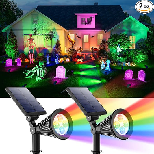 2 Pack Color Change Halloween Solar Spotlights Outdoor Rainbow Waterproof Landscape Uplights for Outside Decor, Skeletons, Ghost, Witch, Accent Lighting for Wall, House, Patio, Path, Pool, Walkway
