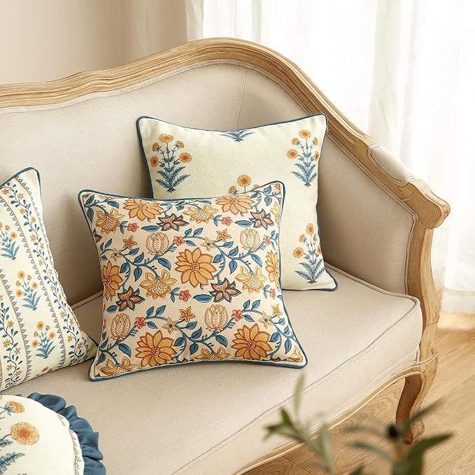 Design Square Simple Elegant Linen Throw Pillow Covers 18"x18" Pack of 2, Blue Yellow Floral Pattern Cushion Covers Decor Pillowcases for Bed,Living Room,Outdoor,Car