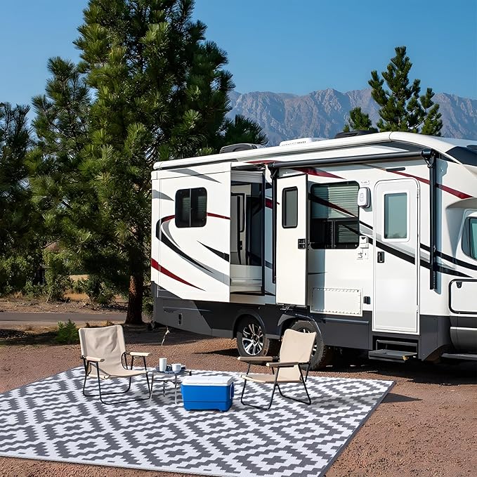 OLANLY Waterproof Outdoor Rug 9x18 ft, Outdoor Plastic Straw Rug for Camping, RV Mat Outside, Outdoor Carpet for Porch, Deck, Backyard, Balcony, Picnic, Grey & White