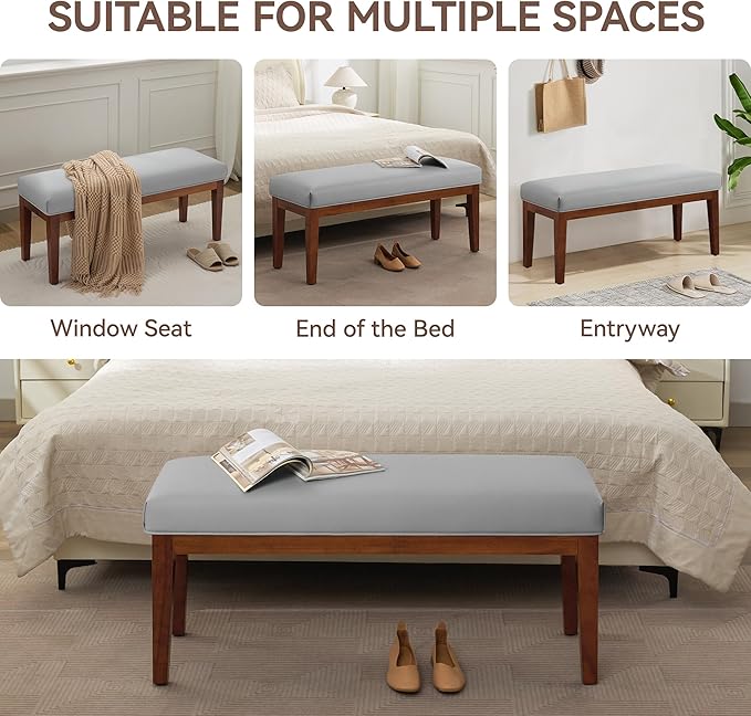 43.5'' Faux Leather Bedroom Bench, Upholstered End of Bed Bench, Padded Vintage Dining Bench, Entryway Bench with Solid Wood Legs, Kitchen, Living Room, Hallway, Grey