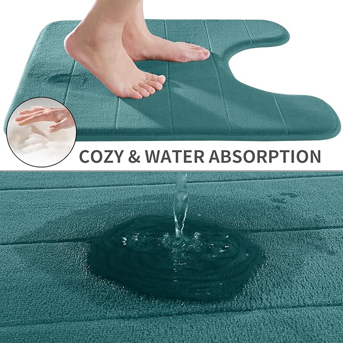 Yimobra Memory Foam Toilet Bath Mat U-Shaped, Commode Contour Rug, Soft and Comfortable, Super Water Absorption, Non-Slip, Thick, Machine Wash and Easier to Dry for Bathroom, 24 X 24, Teal