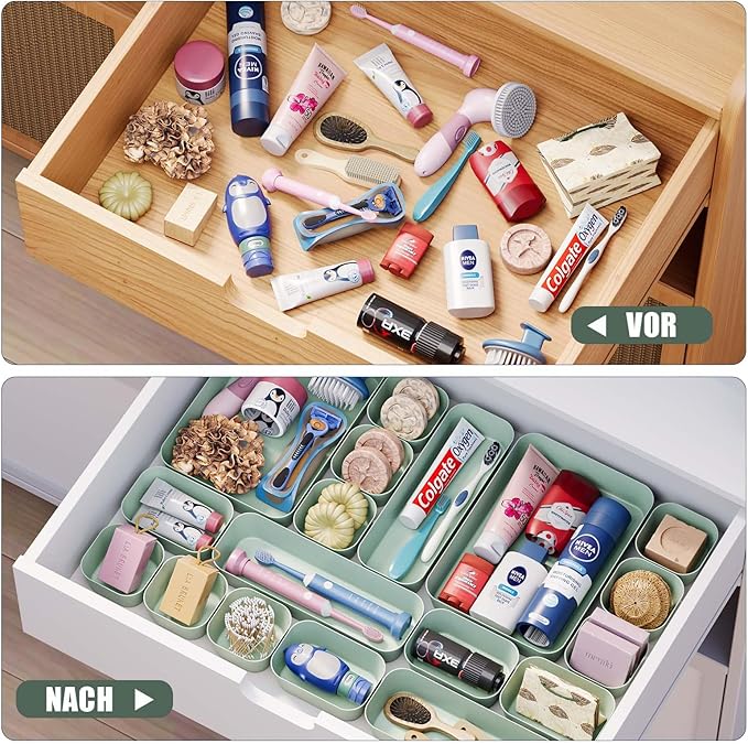 Plastic Drawer Organizers, 18 PCS Drawer Organizer Bins, Bathroom and Vanity Organizer Plastic Tray, Makeup organizer and storage for Makeup, Bedroom, Kitchen Gadgets Utensils and Office (Green)