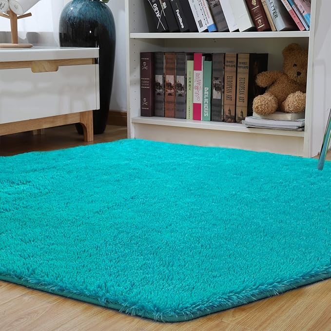 junovo Ultra Soft Rug for Nursery Children Room Baby Room Home Decor Dormitory Hexagon Carpet for Playhouse Princess Tent Kids Play Castle, Diameter 4.6 ft, Teal Blue