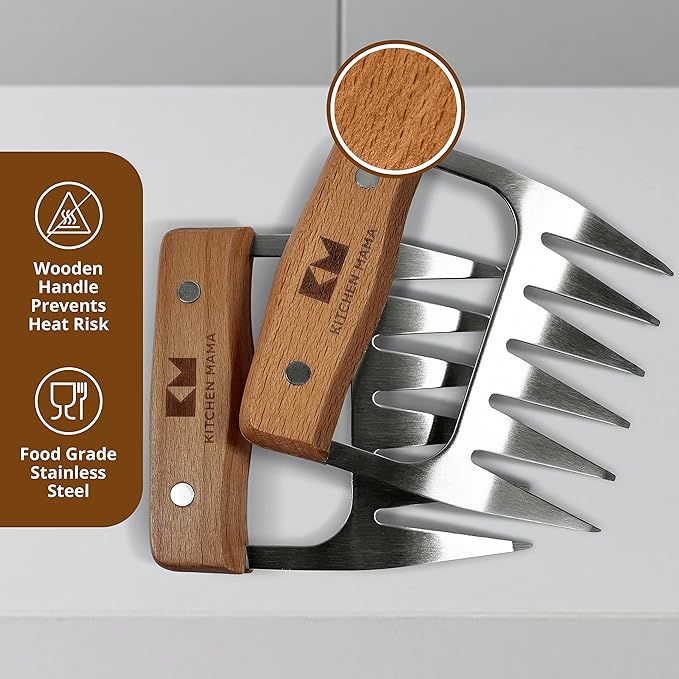 Kitchen Mama Meat Claws: Stainless Steel Shredder Claws with Wooden Handle for BBQ, Shredding, Pulling Pork, Chicken, Beef, and Turkey - Perfect for Grill Masters (1 Pair)