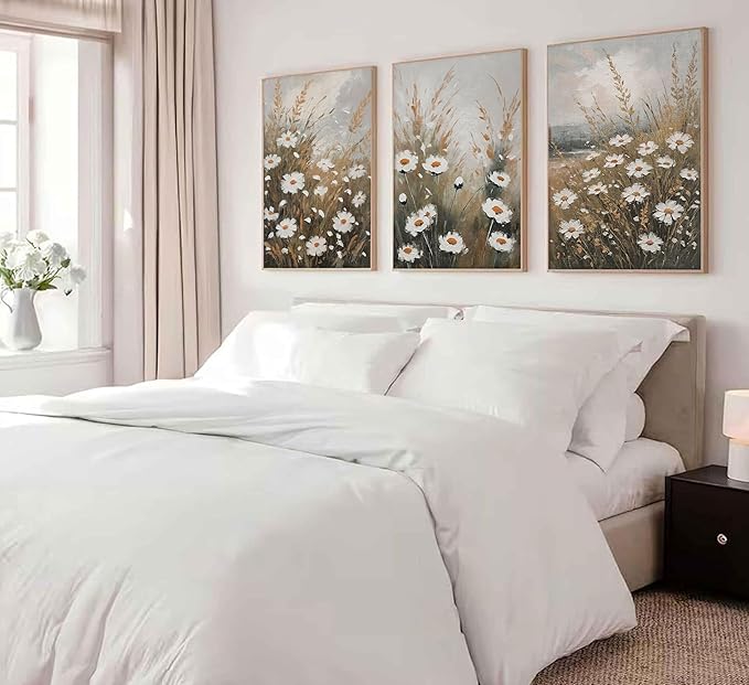 3 Pcs Vintage Wildflowers Field Canvas Wall art Farmhouse Rustic Wildflower Nature Landscape Painting Pictures Wall Decor Posters Print Artwork for Living Room Bathroom Home Decoration Unframed