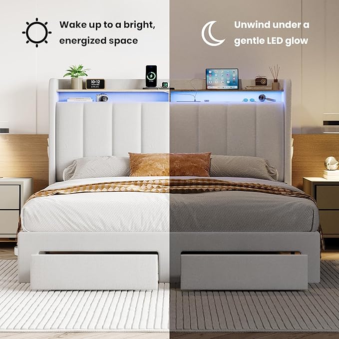 SHA CERLIN Velvet Queen Bed Frame with Vertical Channel Tufted Wingback Headboard & 2 Storage Drawers/2-Tier Shelves with LED Lights & Charging Station/Noise-Free/No Box Spring Needed/White