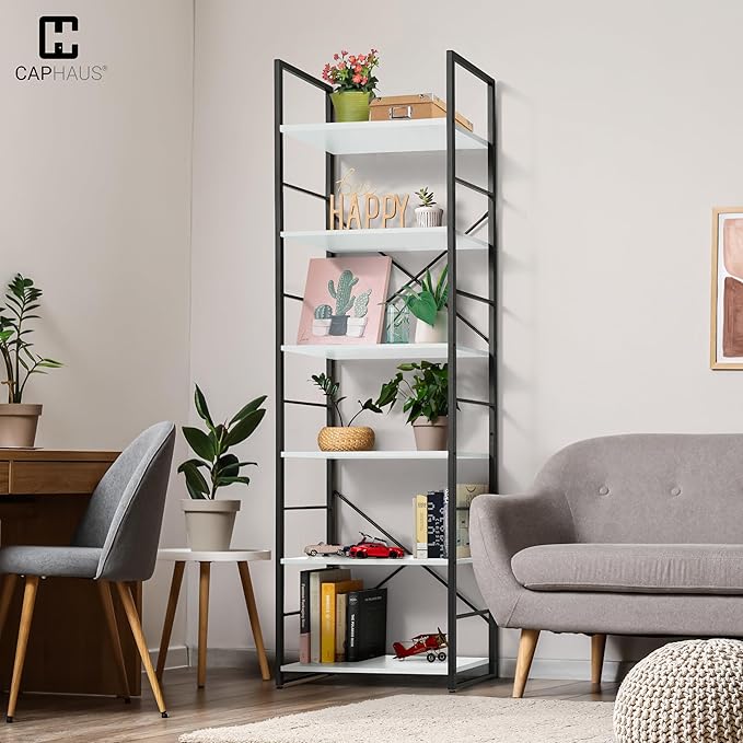 CAPHAUS 6 Tier Bookshelf, 24 Inch Width Free Standing Shelf, Bookcase Shelf Storage Organizer, Industrial Book Shelves for Home Office, Living Room, Kitchen, White Shelves & Metal Frame