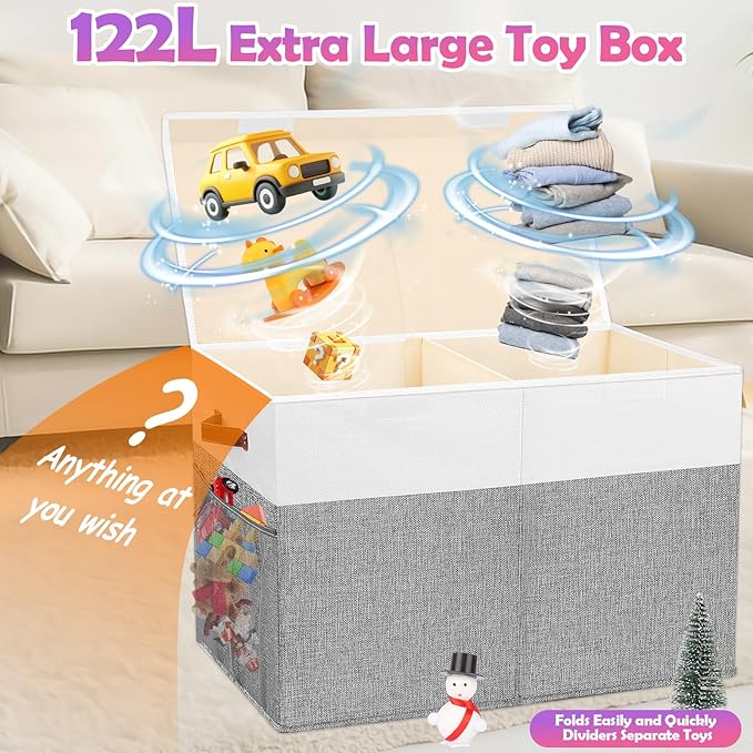 Large Toy Storage Box with Lid, Collapsible Sturdy Toys Storage Organizer Chest Bin Basket with Mesh Divider for Kids, Boys, Girls, Closet, Playroom, Bedroom, Nursery, 26"x17"x17" (Gray and White)