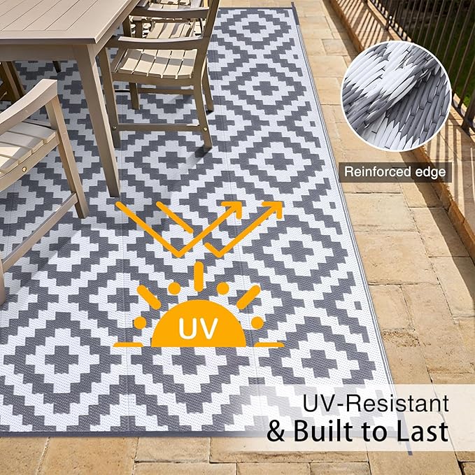OLANLY Waterproof Outdoor Rug 9x18 ft, Outdoor Plastic Straw Rug for Camping, RV Mat Outside, Outdoor Carpet for Porch, Deck, Backyard, Balcony, Picnic, Grey & White