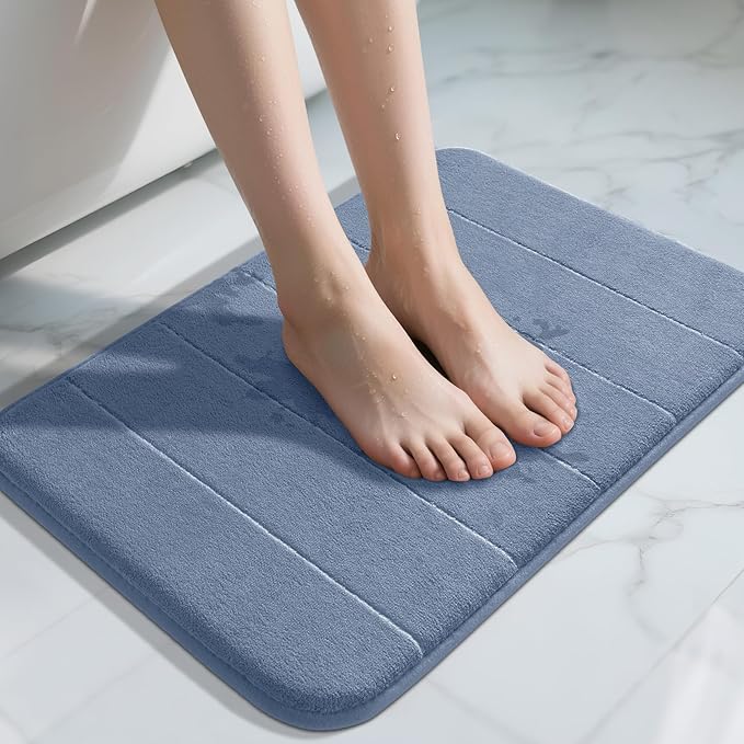 Yimobra Memory Foam Bath Mat, Super Soft Absorbent Bathroom Rug Non Slip 24x17 Inch, Quick Dry, Machine Washable Floor Carpet for Tub Shower, Home Decor Accessories, Denim Blue