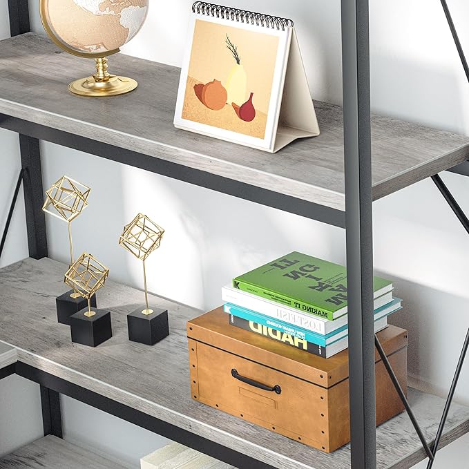 JAMFLY 5-Tier Corner Bookshelf, Industrial Corner Bookcase, Book Shelves with Metal Frame, Large Open Display Bookshelves, L-Shaped Shelf for Living Room, Bedroom, Home Office, Grey