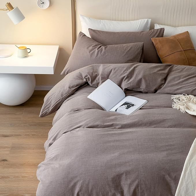 JIYUAN 100% Washed Cotton Duvet Cover Set 2 Pieces Twin, 1 Duvet Cover 68x90 Inches(Comforter Not Included) and 1 Pillowcases,Linen Feel Bedding Set Comfy and Breathable, Heathered Mauve Brown