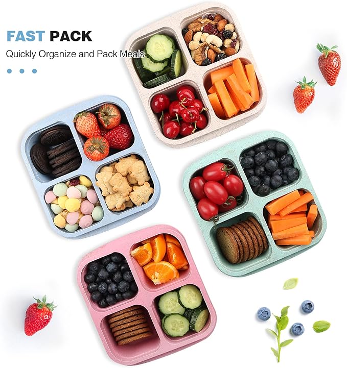 4 Pack Snack Containers, 4 Compartments Bento Snack Box, Reusable Meal Prep Lunch Containers for Kids Adults, Divided Food Storage Containers for School Work Travel