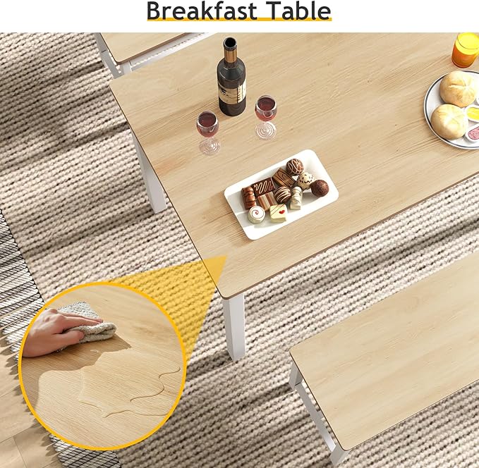 Rovibek 43" Dining Table Benches Set for 4, Modern Space Saving Kitchen Table Chairs & Adjustable Feet Breakfast Table 2 Benches, Wooden Industrial Style Farmhouse, White