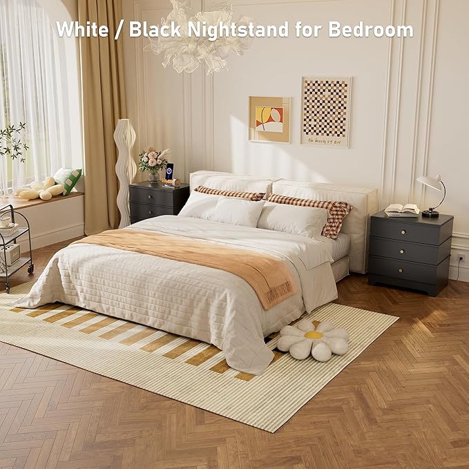 3 Drawer Nightstand with Charging Station,24" Farmhouse Night Stand, Small Chest of Drawers, Wood Bedside Table Cabinet for Bedroom, Living Room, Hallway, Black