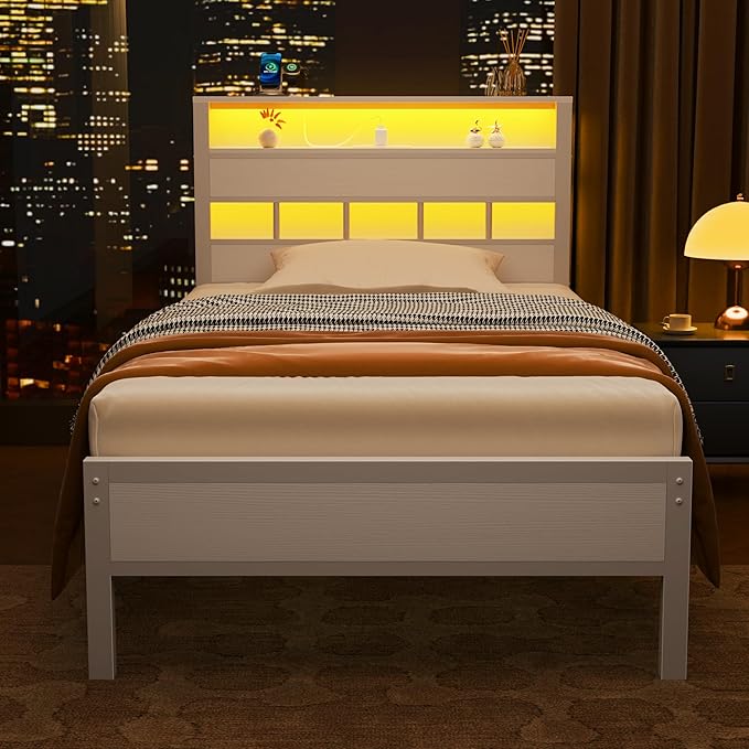 Furnulem Twin Bed Frames with Charging Station and LED Lights, Twin Size Platform Bed with Metal Slats, Wood Headboard with 2-Tier Storage Shelves, No Box Spring Needed, White